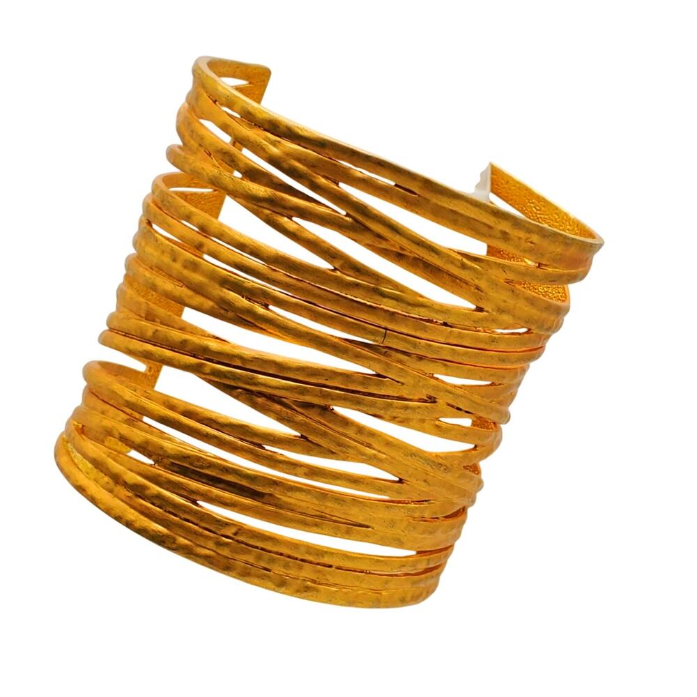 Wide Gold Tone Cuff Stacked Bracelet Sculptural Modernist Bangle Statement Fajl